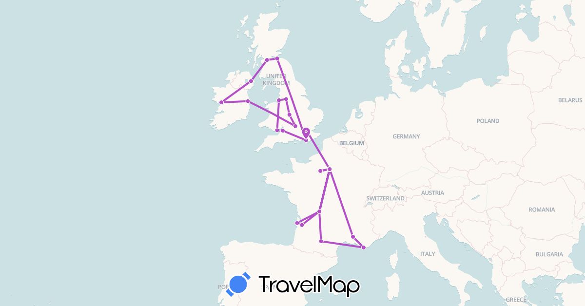 TravelMap itinerary: driving, train in France, United Kingdom, Ireland (Europe)